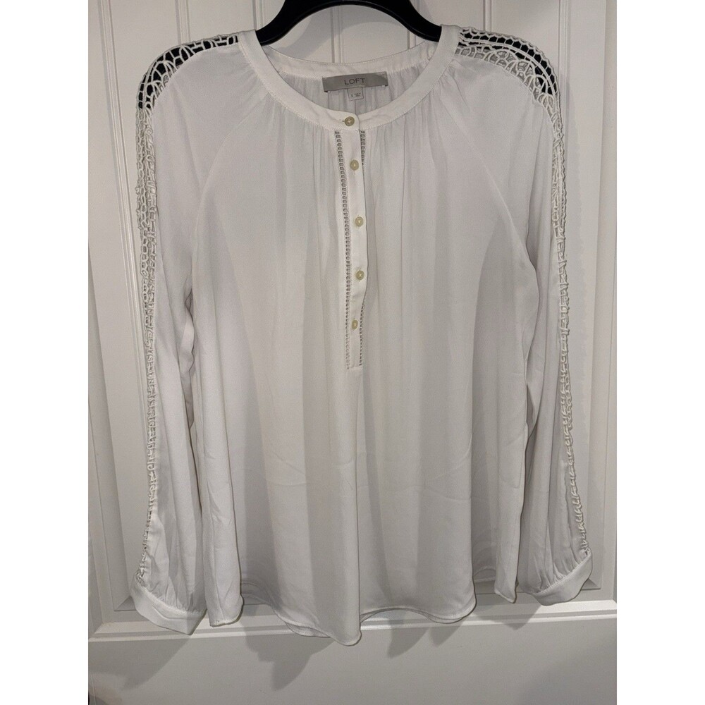 LOFT Womens Sz Small LS Blouse Crochet Trim Mandarin Collar Semi Sheer